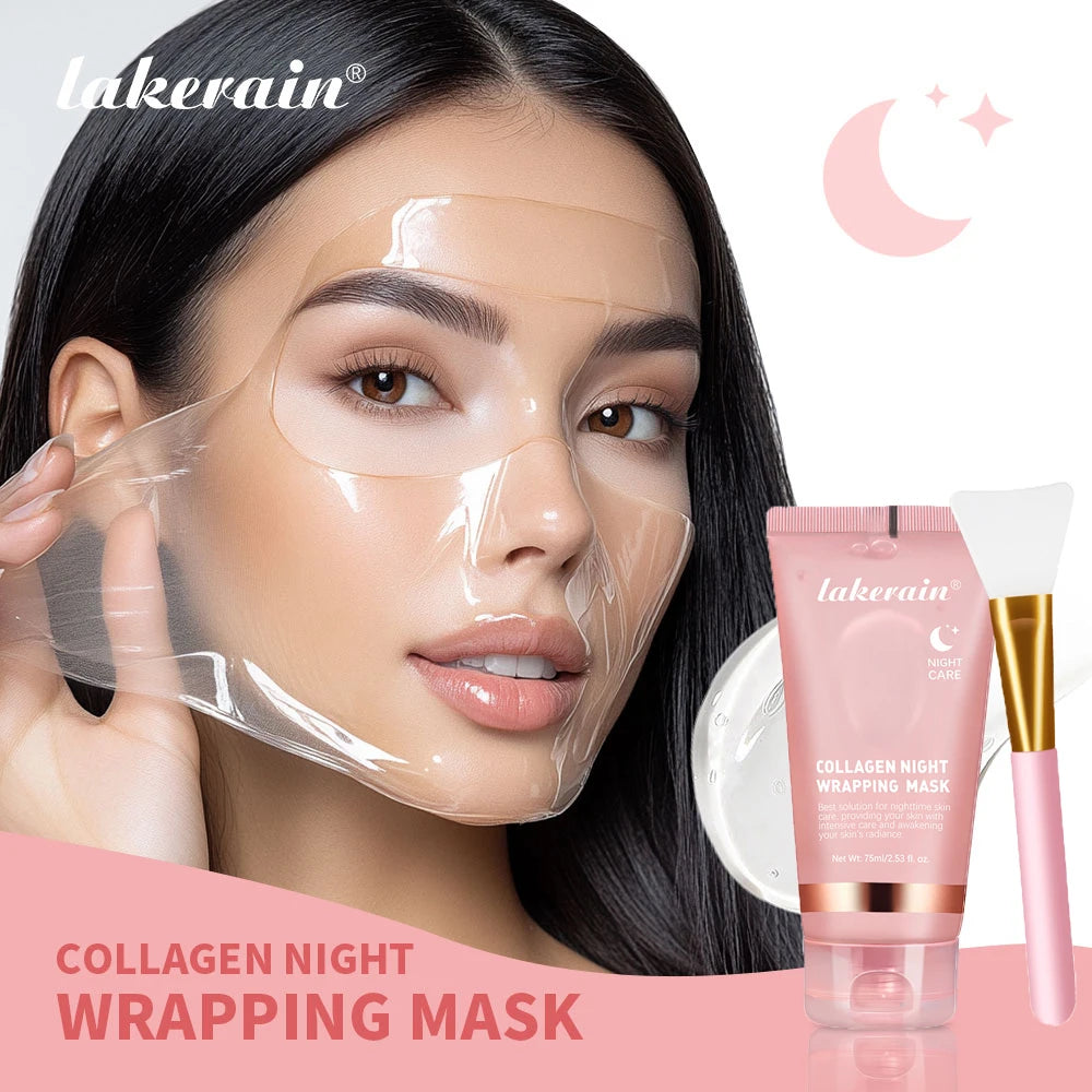 Woman using a collagen night wrapping mask with Lakerain product packaging on a pink background