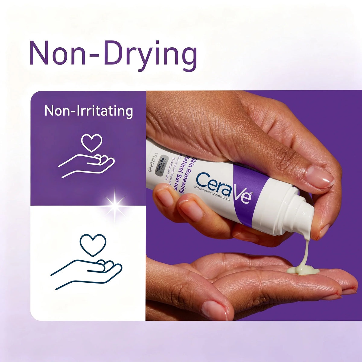 CeraVe moisturizing cream being dispensed from a white and purple tube into a hand, with the headline 'Non-Drying' and supporting text 'Non-Irritating' on a purple and white graphic background.